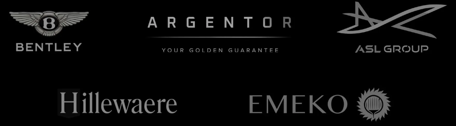 selected-mandates-logos Logo grid featuring Bentley, Argentor, ASL Group, Hillewaere and Emeko.